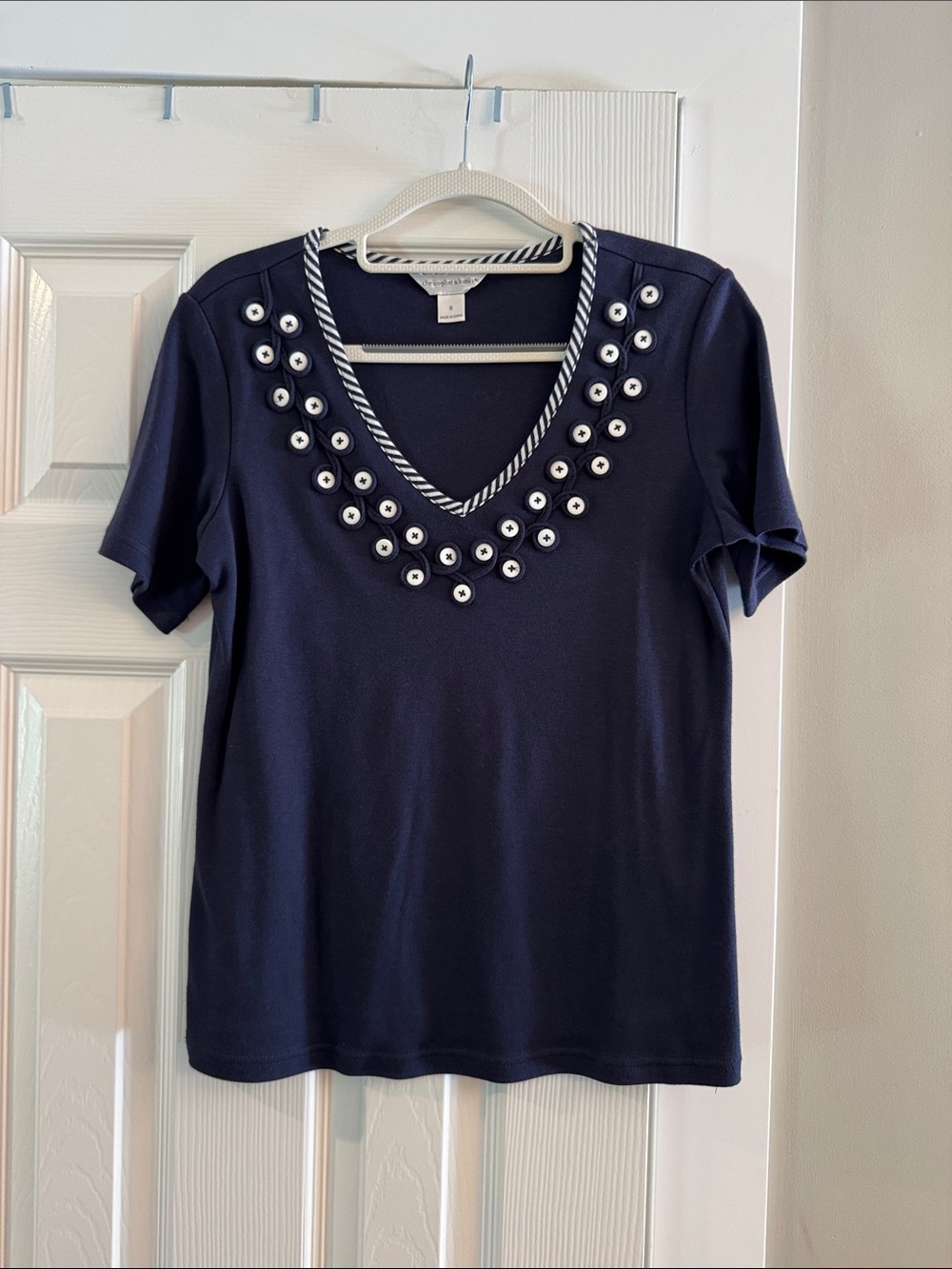 Navy Short-Sleeve V-Neck Top with Decorative Button Trim